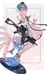  absurdres assault_rifle blue_hair blush character_name commentary crown cup dress drinking_glass english_commentary female girls&#039;_frontline gloves gun hair_between_eyes hairband high_heels highres hourglass kalashnikov_rifle mini_crown official_alternate_costume pantyhose parted_lips purple_eyes rifle short_hair sitting solo soukou_makura sparkle two-tone_background weapon white_background white_dress white_gloves white_pantyhose wine_glass zas_m21_(girls&#039;_frontline) zas_m21_(white_queen)_(girls&#039;_frontline) zastava_m21 