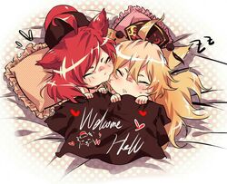  2girls ahoge animal_ears bare_shoulders bed_sheet biting black_choker blanket blonde_hair cat_ears cheek_biting chibi choker closed_eyes commentary_request frilled_pillow frills hair_between_eyes hands_up headdress hecatia_lapislazuli junko_(touhou) kagari6496 kemonomimi_mode long_hair multiple_girls parted_lips pillow polka_dot red_hair short_hair touhou under_covers unmoving_pattern yuri zzz 