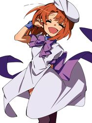  bad_id bad_twitter_id beret bow bowtie closed_eyes cowboy_shot dress female hand_in_own_hair hand_up hat higurashi_no_naku_koro_ni open_mouth orange_hair purple_bow purple_bowtie ryuuguu_rena satou_asuka smile solo white_background white_dress white_hat wrist_cuffs 