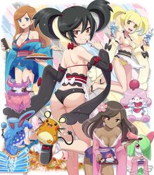  4girls absurdres aromatisse ass azumarill bikini black_bikini black_hair blonde_hair blue_eyes blunt_bangs breasts brown_eyes brown_hair cleavage clothed_pokemon collarbone commentary_request cup dark-skinned_female dark_skin dedenne drinking_glass earrings flower furisode furisode_girl_(pokemon) furisode_girl_blossom furisode_girl_kali furisode_girl_katherine furisode_girl_linnea glass hair_flower hair_ornament hair_tie highres holding holding_plate holding_tray japanese_clothes jewelry kimono kirlia kneepits leg_up long_hair looking_at_viewer looking_back looking_down multiple_girls nail_polish plate poke_ball_theme pokemoa pokemon pokemon_(creature) pokemon_xy red_eyes red_nails shiny_skin shoulder_blades slurpuff swept_bangs swimsuit tied_hair tray vanillish yellow_eyes 