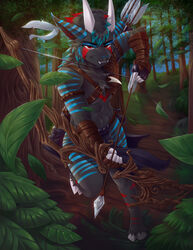  anthro archer arrow_(weapon) bow_(weapon) forest fur hi_res horn leather male plant ranged_weapon red_eyes solo sparkittyart tree weapon 