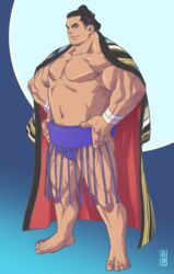  1boy bara barefoot black_hair blue_background brown_eyes commission full_body hands_on_own_hips looking_at_viewer male_focus mawashi muscular muscular_male navel official_art original pectorals ryuuki_garyuu simple_background solo standing sumo wristband 