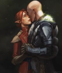  1boy armor artist_name bald cheetahman_(1ddghfr78cswc) couple dragon_age dragon_age:_inquisition elf facing_another female freckles gloves glowing green_eyes hair_bun highres holding_hands inquisitor_(dragon_age) pauldrons pointy_ears red_hair sash shirt shoulder_armor simple_background single_hair_bun smile solas straight 