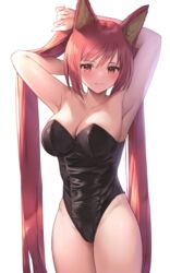  animal_ears armpits arms_up bare_arms black_leotard blush breasts cerberus_(shingeki_no_bahamut) cleavage closed_mouth collarbone commentary female granblue_fantasy hair_between_eyes highleg highleg_leotard highres large_breasts leotard long_hair looking_at_viewer pepeo red_eyes red_hair simple_background smile solo strapless strapless_leotard twintails very_long_hair white_background 