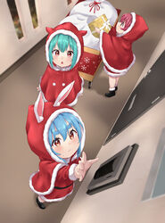  3girls 6mint absurdres aged_down alternate_costume animal_ears arm_up black_footwear blue_hair box christmas cloak commentary door dress ears_through_headwear fur-trimmed_cloak fur-trimmed_dress fur_trim gift gift_box green_hair hair_between_eyes hallway highres holding holding_gift hololive houshou_marine indoors long_sleeves multiple_girls rabbit_ears red_cloak red_dress red_eyes red_hair sack santa_costume shoes short_eyebrows standing thick_eyebrows uruha_rushia usada_pekora virtual_youtuber 