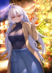  absurdres arm_up black_sweater blue_skirt blurry blurry_background braid breasts brown_coat brown_eyes christmas christmas_lights christmas_tree coat female granblue_fantasy hair_between_eyes highres kazama_ran large_breasts long_hair long_skirt looking_at_viewer night night_sky outdoors silva_(granblue_fantasy) skirt sky smile standing sweater twin_braids waving white_hair 