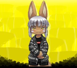  1other :3 animal_ears bike_shorts bune_poster clothes_writing drip_(meme) furry highres jacket long_sleeves looking_at_viewer made_in_abyss meme nanachi_(made_in_abyss) open_clothes shirt solo straight-on supreme_(brand) white_hair yellow_background 