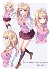  :d ahoge akamatsu_kaede bangs banned_artist beamed_eighth_notes beamed_sixteenth_notes black_legwear blonde_hair blush border breasts brown_footwear closed_eyes closed_mouth collared_shirt commentary_request danganronpa eighth_note eyebrows_visible_through_hair female from_side full_body hair_ornament highres kneehighs large_breasts long_hair long_sleeves looking_at_viewer miniskirt multiple_views musical_note musical_note_hair_ornament nabekokoa necktie new_danganronpa_v3 open_mouth pleated_skirt profile purple_eyes repost_notice school_uniform shirt shoes skirt smile sweater_vest twitter_username upper_body white_border white_shirt 