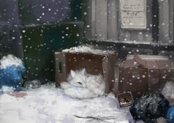  2019 2_tails ambiguous_gender backstreet blue_eyes box canid canine cardboard cardboard_box container day digital_media_(artwork) etis feral fox fur homeless looking_at_viewer lying mammal markings multi_tail outside saterina snow solo tail trash white_body white_fur winter 