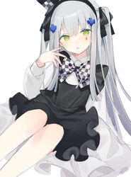  aged_down apron black_apron black_hairband black_ribbon bow bowtie checkered_bow checkered_bowtie checkered_clothes commentary dress facial_mark fei_(songyijie) female frilled_apron frills girls&#039;_frontline green_eyes grey_hair hair_between_eyes hair_ornament hair_ribbon hairband hat highres hk416_(black_kitty&#039;s_gift)_(girls&#039;_frontline) hk416_(girls&#039;_frontline) long_hair long_sleeves looking_at_viewer mini_hat official_alternate_costume open_mouth ribbon simple_background sitting solo two_side_up white_background white_dress 