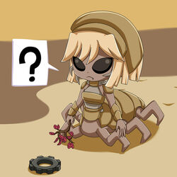  1:1 abstract_background alien arthropod arthropod_taur biter_(factorio) black_eyes boarhide_(artist) branch cog cogwheel confusion curious cute_fangs engineer_(factorio) exoskeleton factorio fan_character female gear grey_body hair holding_object holding_stick humanoid humanoid_taur hybrid insect_taur insects leaf mammal mandibles question_mark sand solo stick tan_body tan_exoskeleton tan_hair taur wube_software 