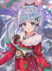  absurdres black_bow blue_eyes blue_hair blurry blurry_background bow brown_gloves christmas christmas_tree commentary_request female floral_print flower fur-trimmed_kimono fur_trim genshin_impact gloves hair_flower hair_ornament hairbow highres holly holly_hair_ornament isuzu_(an_icy_cat) japanese_clothes kamisato_ayaka kimono long_hair looking_at_viewer open_mouth ponytail red_bow red_kimono sash signature snowflakes snowing standing wide_sleeves 