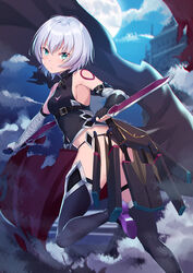  ass bandaged_arm bandages bare_shoulders black_gloves black_panties black_thighhighs boots commentary dual_wielding fate/apocrypha fate/grand_order fate_(series) female from_behind gloves green_eyes grey_hair highres holding jack_the_ripper_(fate/apocrypha) ldfe_mk2 looking_at_viewer looking_back panties photoshop_(medium) scar scar_across_eye scar_on_cheek scar_on_face short_hair single_glove solo tattoo thigh_boots thighhighs underwear 