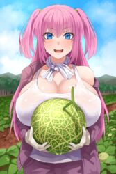  :d absurdres blondy_(ldlong) blue_eyes blue_sky breasts cantaloupe cleavage cloud cloudy_sky commentary_request day eyelashes fangs female food fruit gloves hair_tie highres holding holding_food huge_breasts korean_commentary mature_female melon open_mouth original outdoors pink_hair see-through shirt short_hair sky smile solo standing sweat tank_top twintails underwear vegetable watermelon white_gloves white_tank_top 