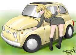  anzio_military_uniform belt black_footwear blonde_hair boots car carpaccio_(girls_und_panzer) commentary_request dated female fiat fiat_500 girls_und_panzer green_eyes grey_jacket grey_skirt highres jacket leaning_forward long_hair long_sleeves looking_at_viewer looking_back military military_uniform miniskirt motor_vehicle nandemo_kanden open_mouth panties pantyshot partial_commentary skirt smile solo standing twitter_username underwear uniform vehicle_focus white_panties yellow_car 