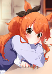  :t absurdres animal_ears blue_shirt blurry blurry_background blush brown_eyes closed_mouth commentary_request female highres horse_ears horse_girl indoors leaning_forward leaning_on_table long_hair long_sleeves looking_at_viewer mari_(rodoney-kiara) mayano_top_gun_(umamusume) orange_hair pout school_uniform shirt sidelocks solo table tracen_school_uniform twitter_username two_side_up umamusume upper_body 