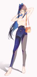  absurdres bag black_hair black_pants blue_eyes blue_hair breasts closed_mouth colored_inner_hair denim female full_body glasses hair_intakes high_heels highres hololive hololive_english jeans large_breasts long_hair looking_at_viewer multicolored_hair ouro_kronii ouro_kronii_(casual) pants reinene shoulder_bag smile solo standing sweater very_long_hair virtual_youtuber white_sweater 