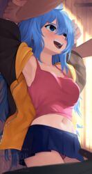  1other :d armpits arms_up art_trade blue_eyes blue_hair blue_skirt borrowed_character breasts commentary crop_top elie_wayne english_commentary english_text female hair_between_eyes highres holding_another&#039;s_wrist indoors jacket long_hair medium_breasts midriff miniskirt navel open_clothes open_jacket open_mouth original panties pantyshot pink_panties pink_skirt pink_tank_top pleated_skirt skirt smile solo_focus sweat tank_top underwear very_long_hair watermark yoako zipper 