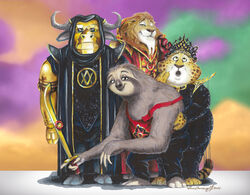  abstract_background anthro barefoot benjamin_clawhauser black_nose bovid bovine cape_buffalo cheetah chief_bogo chrisbcritter clothed clothing disney feet felid feline flash_gordon flash_gordon_(copyright) flash_slothmore fur group half-closed_eyes holding_object leodore_lionheart lion looking_at_viewer male mammal narrowed_eyes pantherine pilosan simple_background sloth smile standing three-toed_sloth xenarthran zootopia 