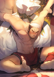  3boys abs arm_grab armpit_hair arms_up bara belt blush bulge christmas commentary_request facial_hair fai_(fai-storage) feet frown gift_bag goatee highres jacket large_pectorals leg_hair male_focus male_underwear mature_male multicolored_hair multiple_boys muscular muscular_male navel navel_hair nipples original pectorals red_male_underwear restrained short_hair sideburns sitting soles solo_focus spread_legs stomach sweat sweatdrop thick_thighs thighs toes topless_male two-tone_hair underwear underwear_only undressing_another unworn_belt unworn_jacket white_hair 