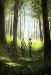  1boy arm_behind_back artist_name bald boots cheetahman_(1ddghfr78cswc) couple dragon_age dragon_age:_inquisition elf female forest from_behind grass hair_bun highres holding_hands nature outdoors pants pointy_ears red_hair shirt single_hair_bun solas straight tree walking 