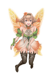  absurdres blonde_hair boots bracelet commentary_request fairy_wings female fire_emblem fire_emblem_heroes flower full_body hair_between_eyes hair_flower hair_ornament hairband highres jewelry long_hair multicolored_hair open_mouth orange_hair peony_(fire_emblem) pointy_ears purple_eyes sidelocks solo teeth tokisake_masoho twintails two-tone_hair white_background wings 