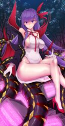  bare_shoulders bb_(fate) bb_(swimsuit_mooncancer)_(fate) bb_(swimsuit_mooncancer)_(third_ascension)_(fate) black_coat blush breasts coat corruption covered_navel crt dark_persona fate/grand_order fate_(series) female gloves grin hair_ribbon high_heels highleg highleg_leotard highres index_finger_raised large_breasts legs leotard long_hair long_sleeves looking_at_viewer matou_sakura neck_ribbon night night_sky nyarlathotep off_shoulder official_alternate_costume open_clothes open_coat oumi_(rsag) popped_collar possessed purple_eyes purple_hair red_footwear red_ribbon ribbon screen sideboob sitting sky smile solo static television tentacle vampire_costume very_long_hair white_gloves white_leotard 