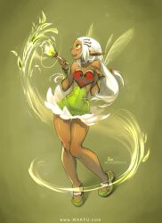  :d artist_name bare_shoulders braid choker commentary_request cuffs dark-skinned_female dark_skin eniripsa female green_eyes hair_ornament knees_together_feet_apart long_hair open_mouth paintbrush pointy_ears smile solo standing wakfu watermark web_address white_hair xaxaxa 