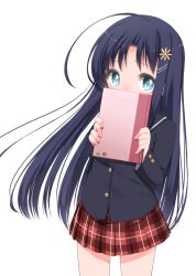  ahoge black_hair blue_eyes blush book commentary_request female hair_ornament highres hirunene_no_kikinene holding holding_book long_hair looking_at_viewer photoshop_(medium) plaid plaid_skirt school_uniform shouji_ayumu simple_background skirt solo white_background 