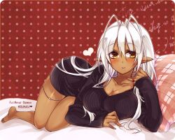  aki_(prdx85) bad_id bad_pixiv_id bed breasts cleavage dark-skinned_female dark_elf dark_skin elf female heart large_breasts light_smile long_hair lying on_side pillow pointy_ears ribbed_sweater sansei_muramasa solo soukou_akki_muramasa sweater white_hair yellow_eyes 