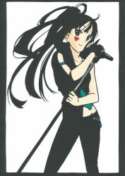  akiyama_mio alternate_hairstyle bad_id bad_pixiv_id black_eyes black_hair female heart k-on! kirigami long_hair looking_at_viewer microphone pikku ponytail simple_background smile solo white_background 