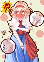  !? 2girls absurdres alice_margatroid ass assisted_exposure blonde_hair blue_eyes blush blush_stickers bra breasts capelet commentary_request covering_breasts covering_crotch covering_privates dress embarrassed folding_fan full-face_blush gap_(touhou) hairband hand_fan hat hat_ribbon highres holding kose_takashi medium_breasts multiple_girls open_bra outline panties panty_pull ribbon sash side-tie_panties touhou underwear undone_bra wardrobe_malfunction yakumo_yukari 