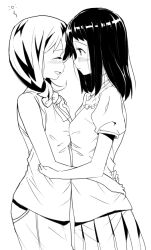  2girls 841_(chinchilla) blush closed_eyes commentary_request fukuyo_kouko greyscale hug kokaji_sukoya monochrome multiple_girls saki_(manga) short_hair smile yuri 