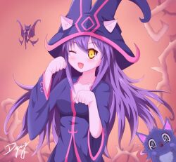  animal_ears blush breasts cleavage collarbone colored_skin commentary_request dying_(dying0414) ears_through_headwear fairy female hat league_of_legends long_hair lulu_(league_of_legends) medium_breasts one_eye_closed open_mouth paw_pose pink_skin pix_(league_of_legends) purple_hair purple_skin solo wicked_lulu witch_hat yellow_eyes 