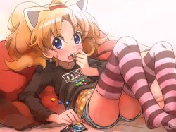  animal_ears blonde_hair blue_eyes blush candy cat_ears earrings eating feet_out_of_frame female food imageboard_desourced jewelpet_(series) jewelpet_twinkle jewelry lying m&amp;m&#039;s miria_marigold_mackenzie no_shoes non-web_source nyama oerba_yun_fang on_back open_mouth product_placement shirt shorts solo striped_clothes striped_thighhighs t-shirt thighhighs 