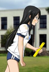  akiyama_mio black_eyes black_hair blurry blurry_background blush breasts buruma commentary_request cowboy_shot female from_side grass gym_uniform highres hime_cut holding k-on! long_hair maabe open_mouth outdoors running school_uniform short_sleeves small_breasts solo uniform 