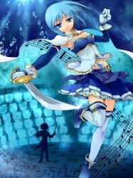  belt blue_eyes blue_hair blue_theme buckle cape commentary_request eric_flay female frills gloves magical_girl mahou_shoujo_madoka_magica mahou_shoujo_madoka_magica_(anime) miki_sayaka miki_sayaka_(magical_girl) short_hair skirt smile solo soul_gem sword thighhighs weapon 