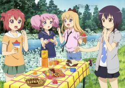  4girls :d :o absurdres ahoge akaza_akari black_hair blonde_hair blue_eyes bow brown_eyes casual checkerboard_cookie cookie cup double_bun drinking_straw feeding food forest funami_yui gelatin hair_bobbles hair_bun hair_ornament hairbow highres hood hoodie juice kikunaga_chisato long_hair macaron megami_magazine megami_magazine_deluxe multiple_girls nature official_art open_clothes open_hoodie open_mouth orange_juice pink_hair pocky purple_eyes red_hair river sailor_collar scan shoes short_hair shorts single_hair_bun skirt smile spoon table thumbprint_cookie toshinou_kyouko tree twintails yoshikawa_chinatsu yuru_yuri 