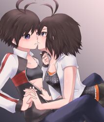  2girls antenna_hair black_eyes black_hair blush commentary_request dual_persona holding_hands idolmaster idolmaster_(classic) idolmaster_2 interlocked_fingers kikuchi_makoto meteors multiple_girls selfcest short_hair yuri 