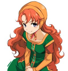  blue_eyes blush breasts closed_mouth collarbone commentary_request dragon_quest dragon_quest_vii dress female hood konoe_(fogtracks) long_hair long_sleeves maribel_(dq7) orange_hair photoshop_(medium) simple_background small_breasts smile solo wavy_hair white_background 