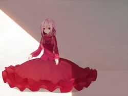  commentary dress female guilty_crown hair_ornament hairclip long_hair pink_hair red_dress red_eyes shade solo string string_of_fate sunlight twintails uttt yuzuriha_inori 