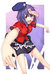  bad_id bad_pixiv_id blue_eyes blue_hair commentary_request female hat hat_ornament jiangshi kaiza_(rider000) miyako_yoshika ofuda open_mouth outstretched_arms perspective short_hair short_sleeves skirt smile solo spread_arms star_(symbol) star_hat_ornament touhou 