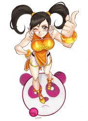  ;) black_hair blush bracelet breasts brown_eyes china_dress chinese_clothes dress female foreshortening from_above highres ivan_llanos jewelry large_breasts ling_xiaoyu long_hair one_eye_closed orange_shirt panda photoshop_(medium) sandals shirt smile solo tekken toned twintails 