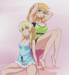  2girls adjusting_hair anklet babydoll barefoot blonde_hair blue_eyes breasts choker cleavage cover covered_nipples cropped disc_menu dvd_cover elf feet frills fujii_masahiro hands_on_feet imageboard_desourced jewelry large_breasts long_hair long_legs lukshana mouth_hold multiple_girls nail_polish non-web_source official_art parted_lips photoshop_(medium) pointy_ears ribbon sitting tiffania_westwood toenail_polish toenails yokozuwari zero_no_tsukaima 