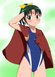  commentary_request competition_swimsuit female green_eyes green_hair highres hoshino_sora midorikawa_nao one-piece_swimsuit ponytail precure short_hair smile_precure solo swimsuit towel wet 