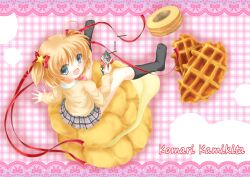  bad_id bad_pixiv_id baumkuchen blonde_hair blue_eyes box cream_puff female food highres kamikita_komari little_busters! oversized_object plaid plaid_skirt pocky school_uniform short_hair sitting skirt socks solo taiju twintails waffle 