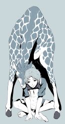  1boy animal bad_id bad_pixiv_id barefoot character_request flat_color giraffe male_focus monochrome shiro_(reptil) simple_background sitting solo tennis_no_ouji-sama 