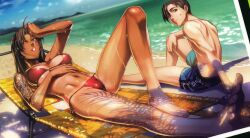  1boy absurdres barefoot beach bikini black_lagoon bra breasts brown_hair dark_skin feet female highres hiroe_rei large_breasts laying_down long_hair lying nail_polish orange_nails panties revy revy_(black_lagoon) rock short_hair summer swimsuit tan tattoo toes underwear 