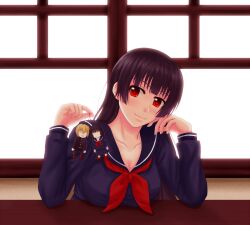  bad_id bad_pixiv_id black_hair breasts character_doll cleavage female hime_cut kanoe_yuuko large_breasts long_hair niiya_teiichi red_eyes sano_souichi school_uniform smile solo tasogare_otome_x_amnesia 