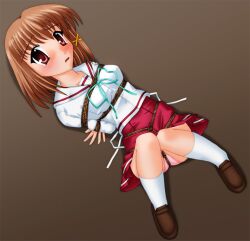  arms_behind_back blush bondage bondage bound bow box_tie breast_bondage brown_hair crotch_rope kannazuki_okuto konosaka_kirino panties red_eyes school_uniform short_hair tears underwear 